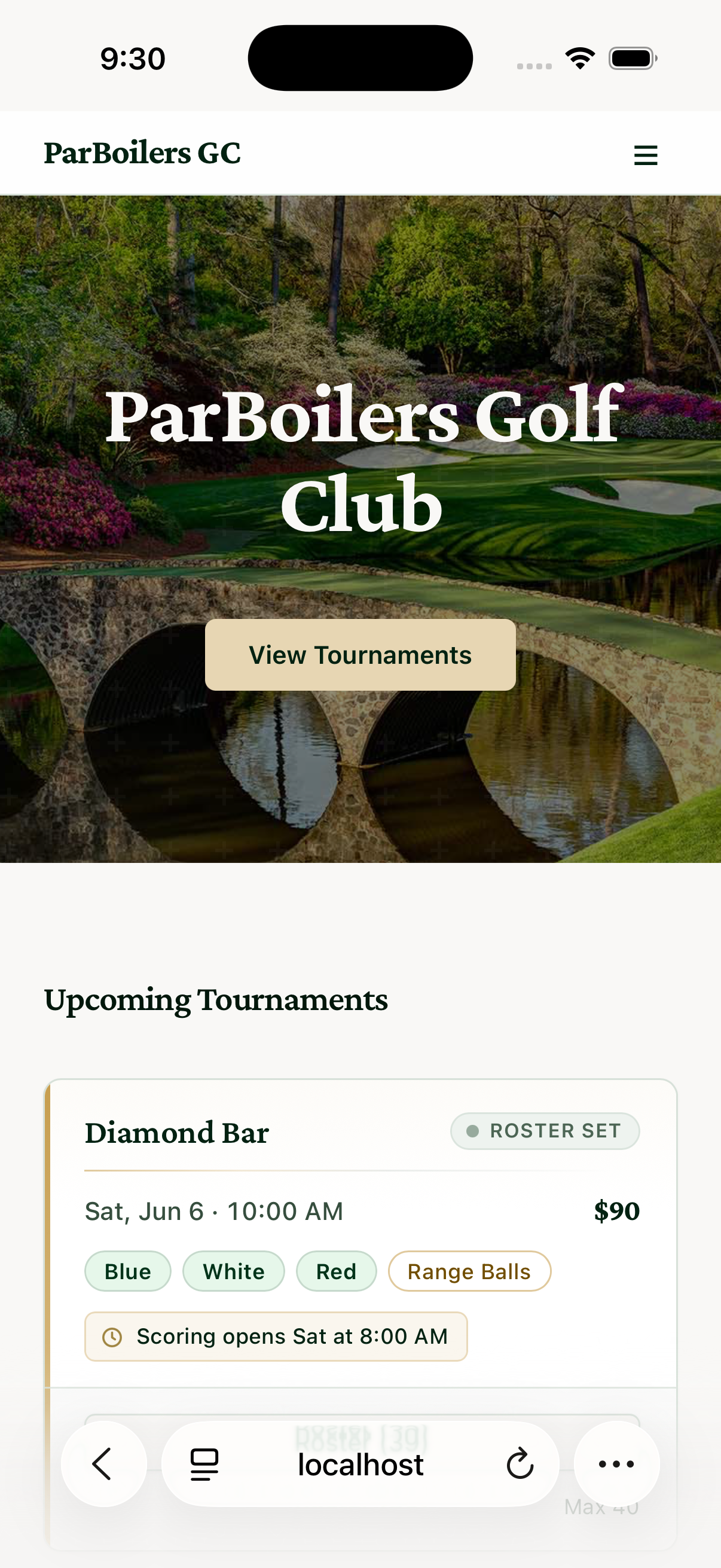 ParBoilers Golf Club open in Safari on iPhone, with the URL bar visible at the top and Safari toolbar at the bottom