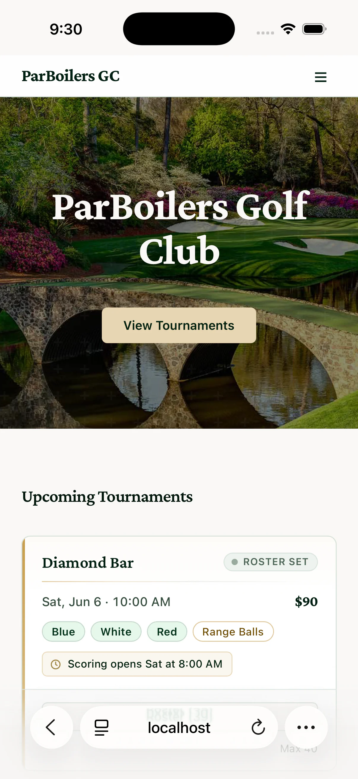 ParBoilers Golf Club open in Safari on iPhone, with the URL bar visible at the top and Safari toolbar at the bottom