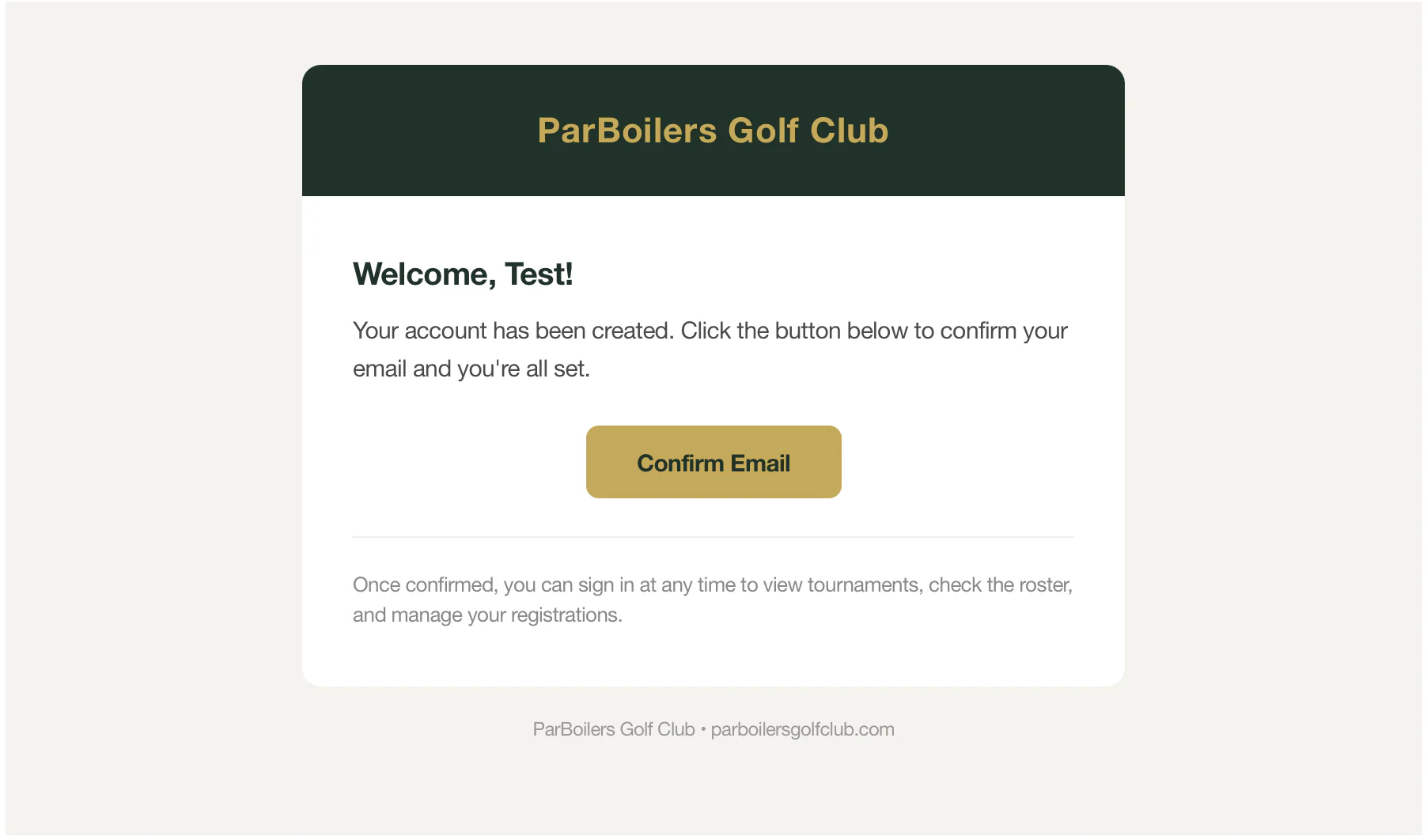 The welcome email with the Confirm Email button