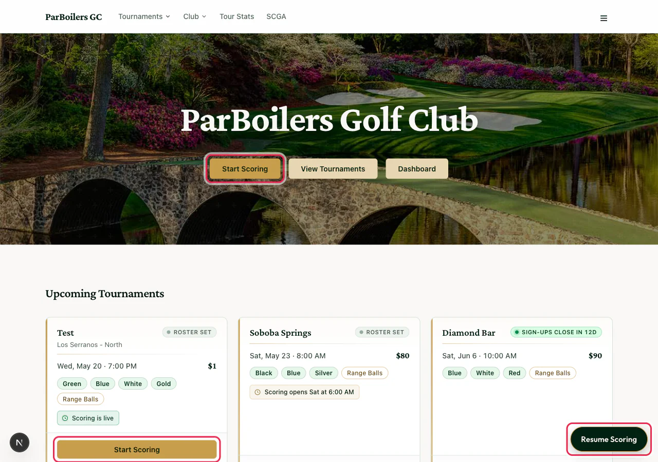 Homepage with all three scoring entry points circled: the hero Start Scoring button, the tournament card Start Scoring button, and the Resume Scoring pill