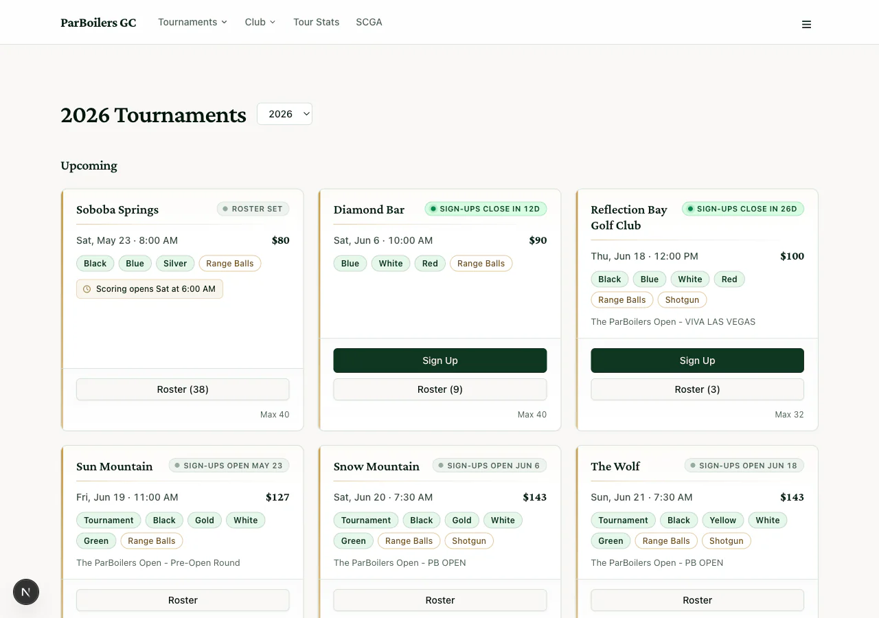 The Tournaments page with upcoming events
