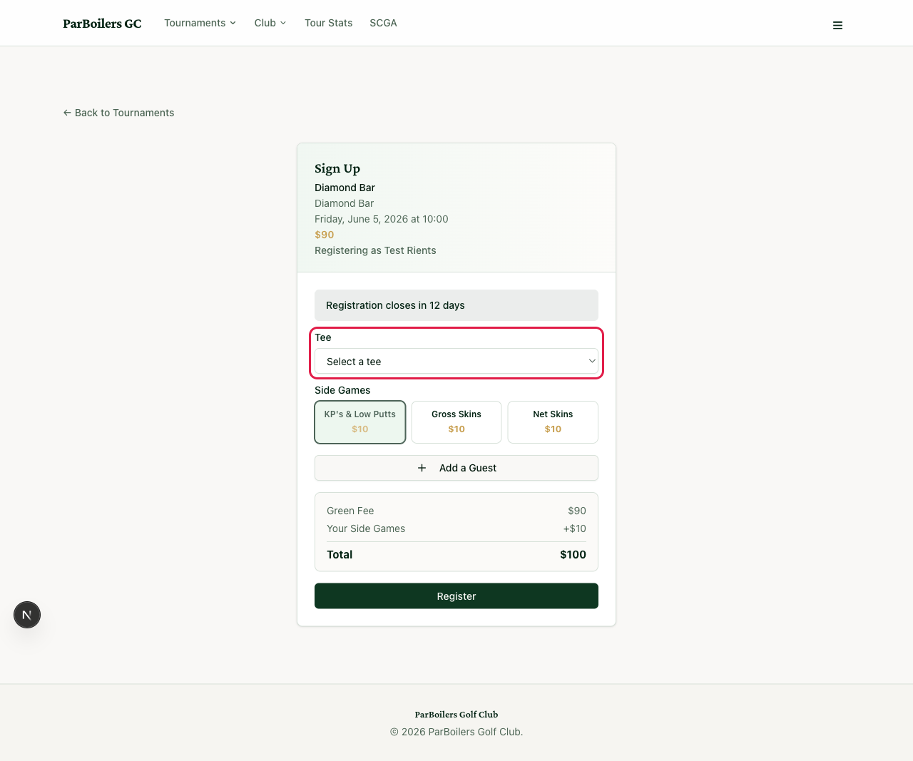 The Tee dropdown on the signup form
