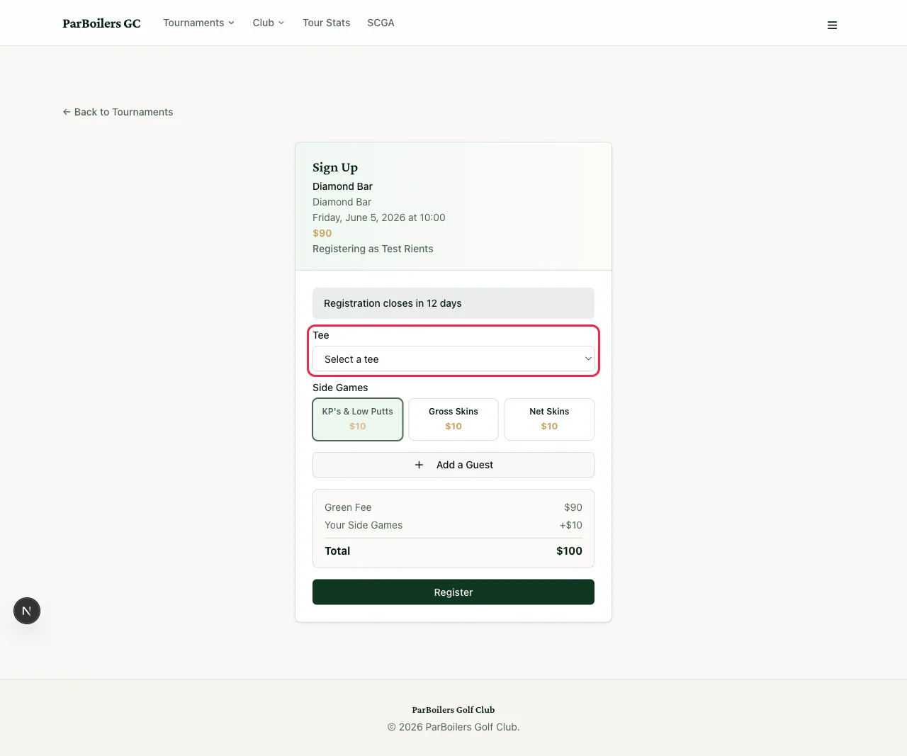 The Tee dropdown on the signup form