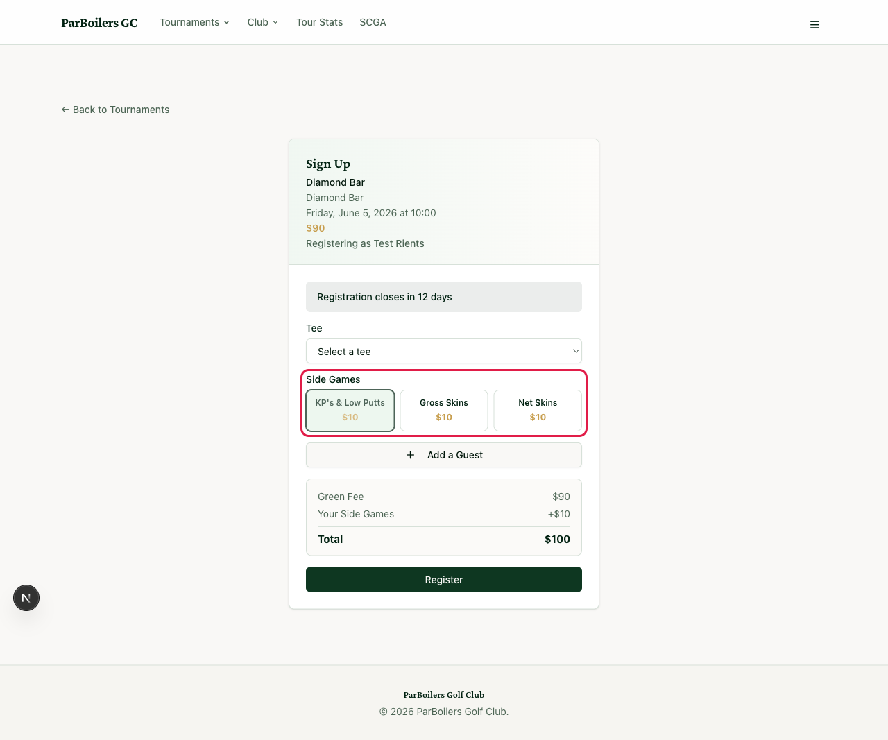 The side games buttons on the signup form