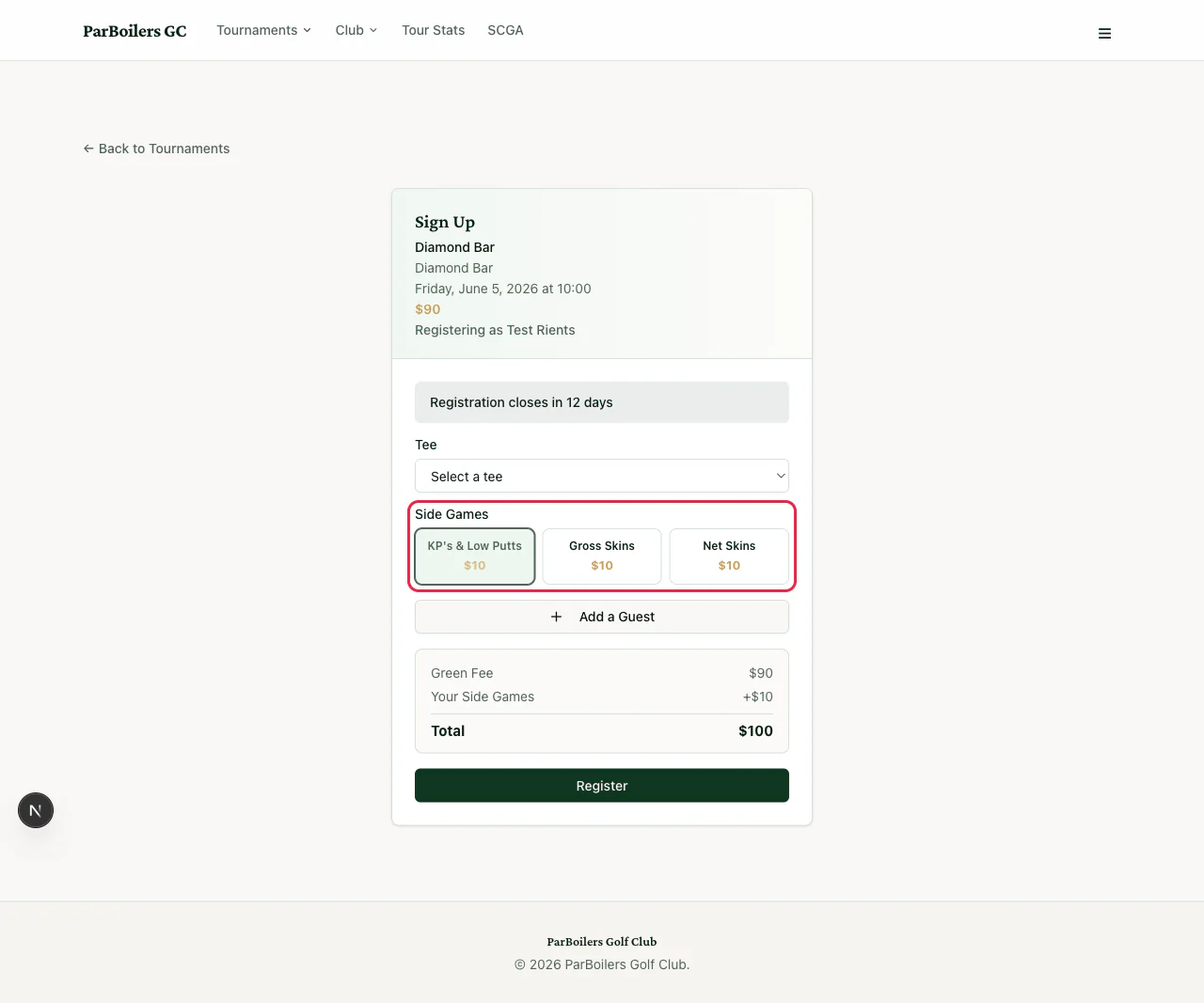 The side games buttons on the signup form