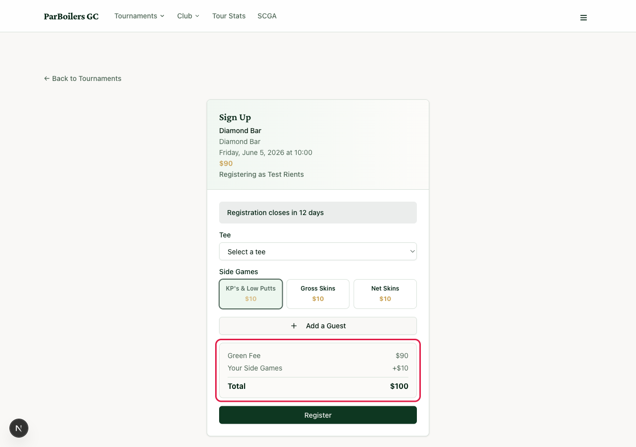 The fee breakdown at the bottom of the form