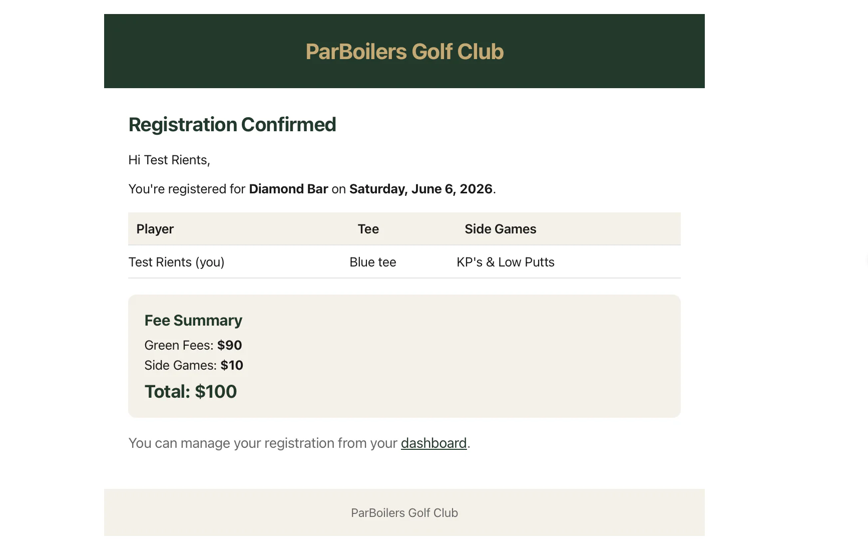 The Registration Confirmed email summary